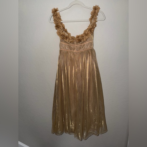 Lulus Amazing Essence Gold Metallic Mesh 3D Floral Midi Dress XS Goddess Toga - Picture 8 of 8